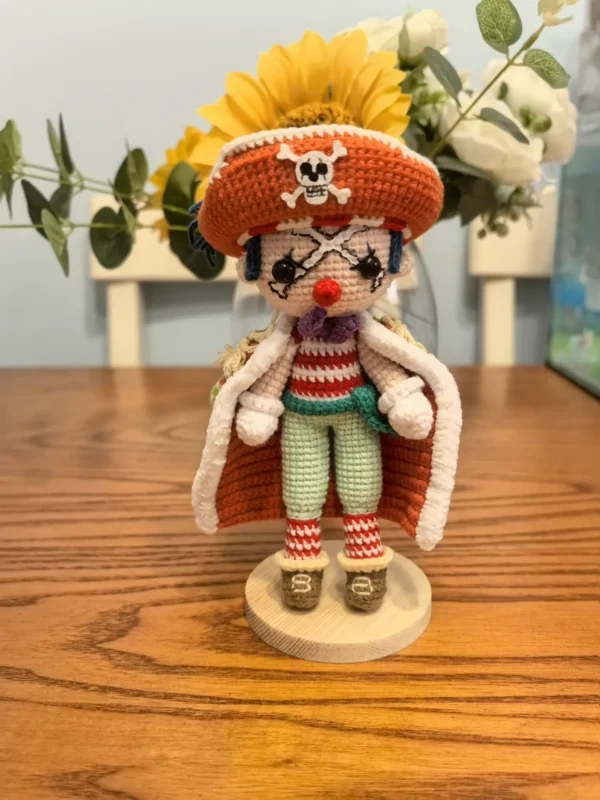 Crochet One Piece Captain Buggy Doll Finished Product.